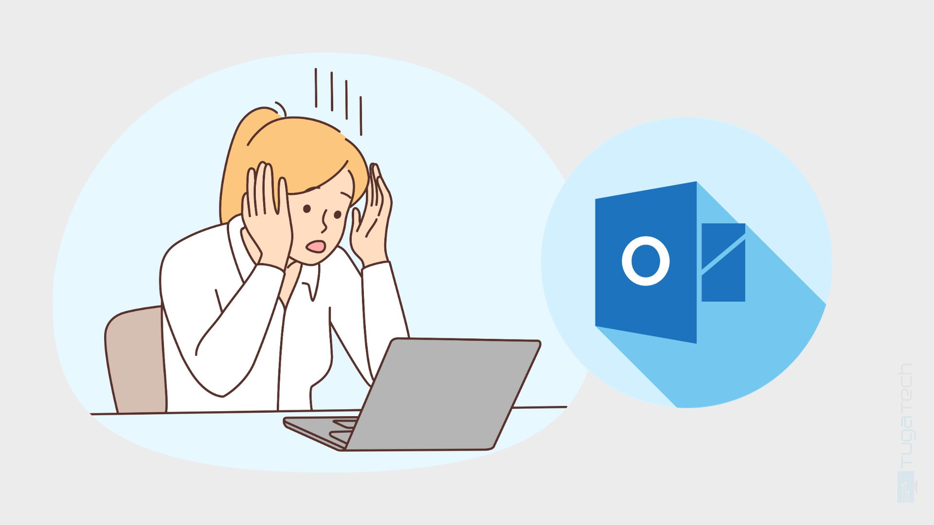 Outlook com utilizador frustrado em frente de computador