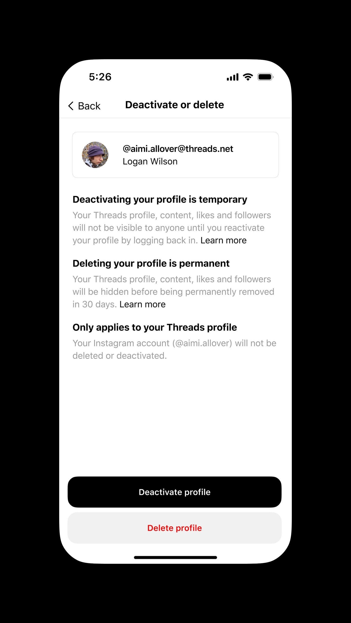 Remove accounts from threads without affecting Instagram