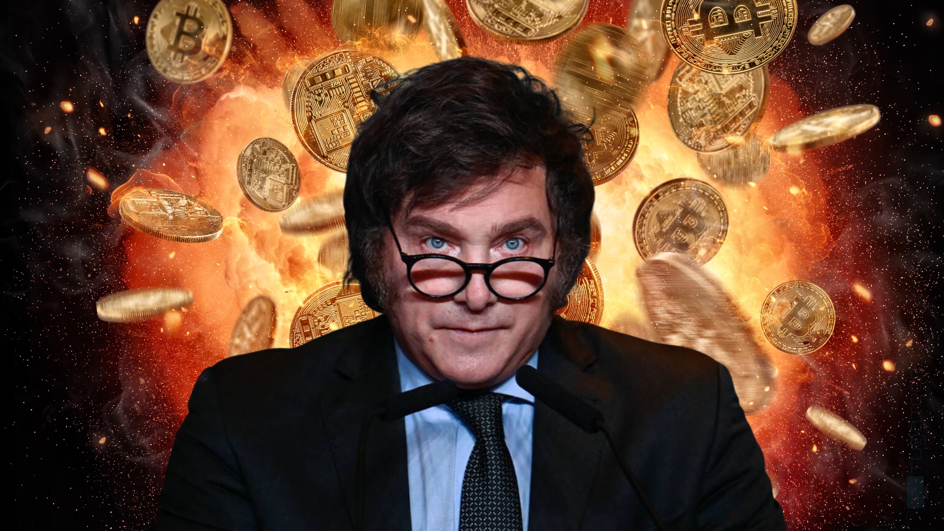 Javier Milei com bitcoin de fundo