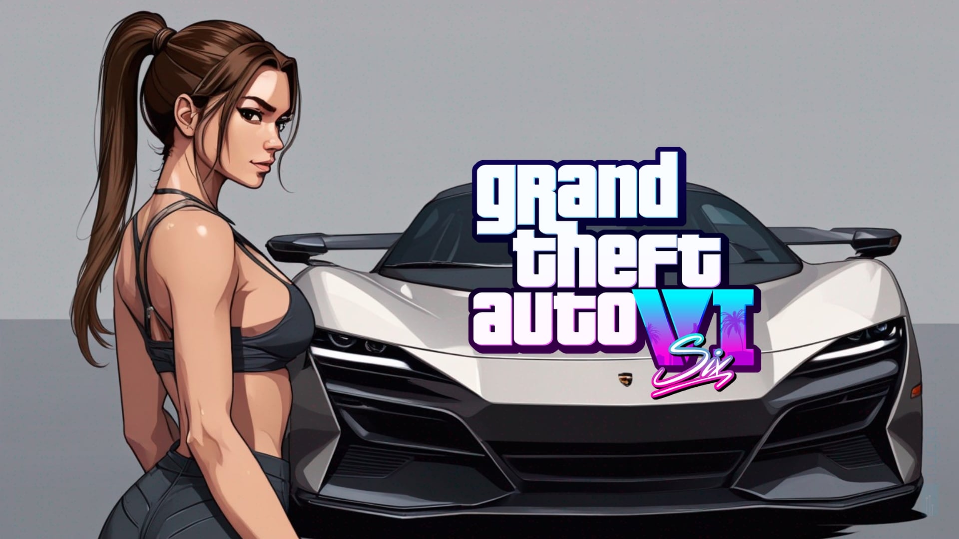 Pessoa em frente de um carro com o logo de GTA VI