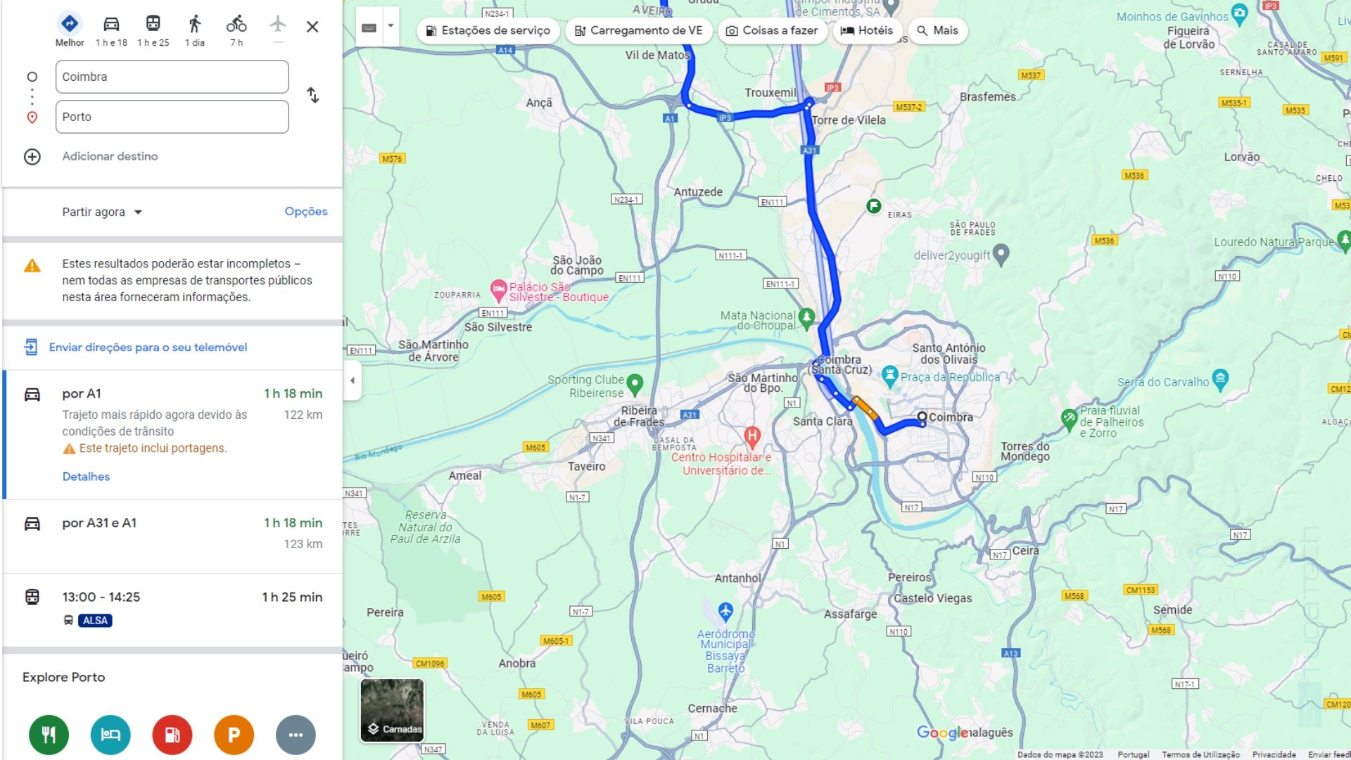 mapas da google com novo esquema de cores, a mostrarem uma rota para o Porto de Coimbra