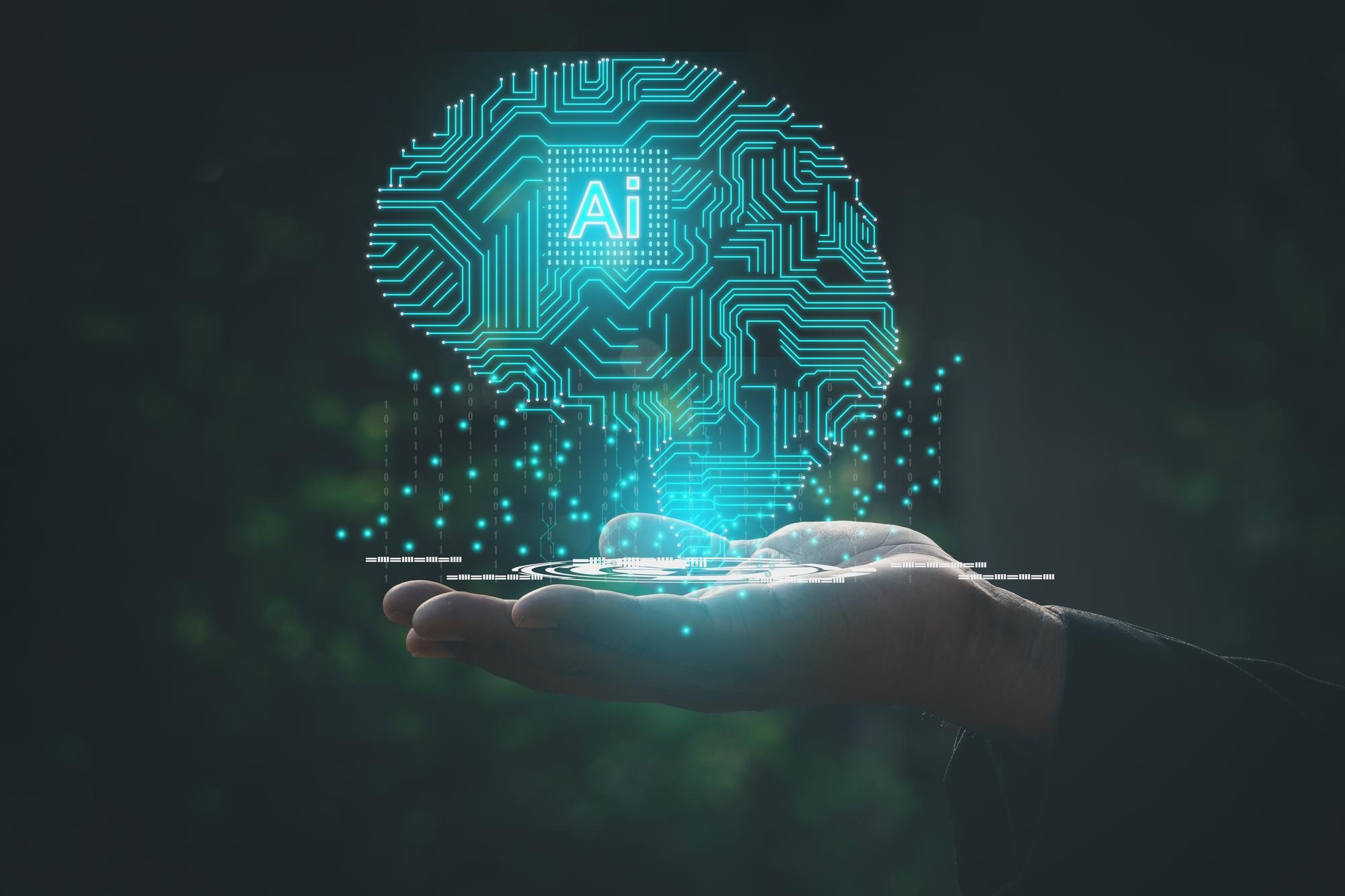 cerebro criado em formato digital com o termo AI no interior
