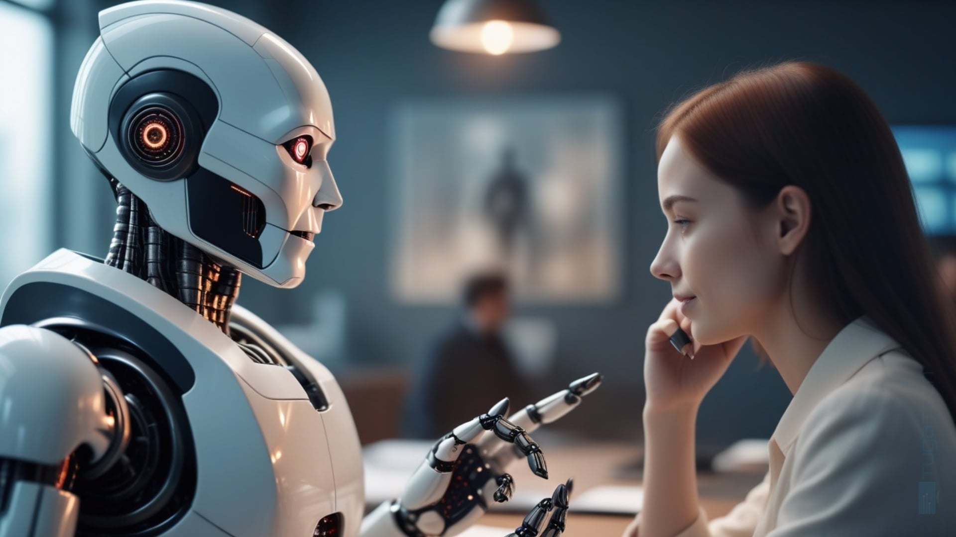Robot em frente de pessoa ao telefone