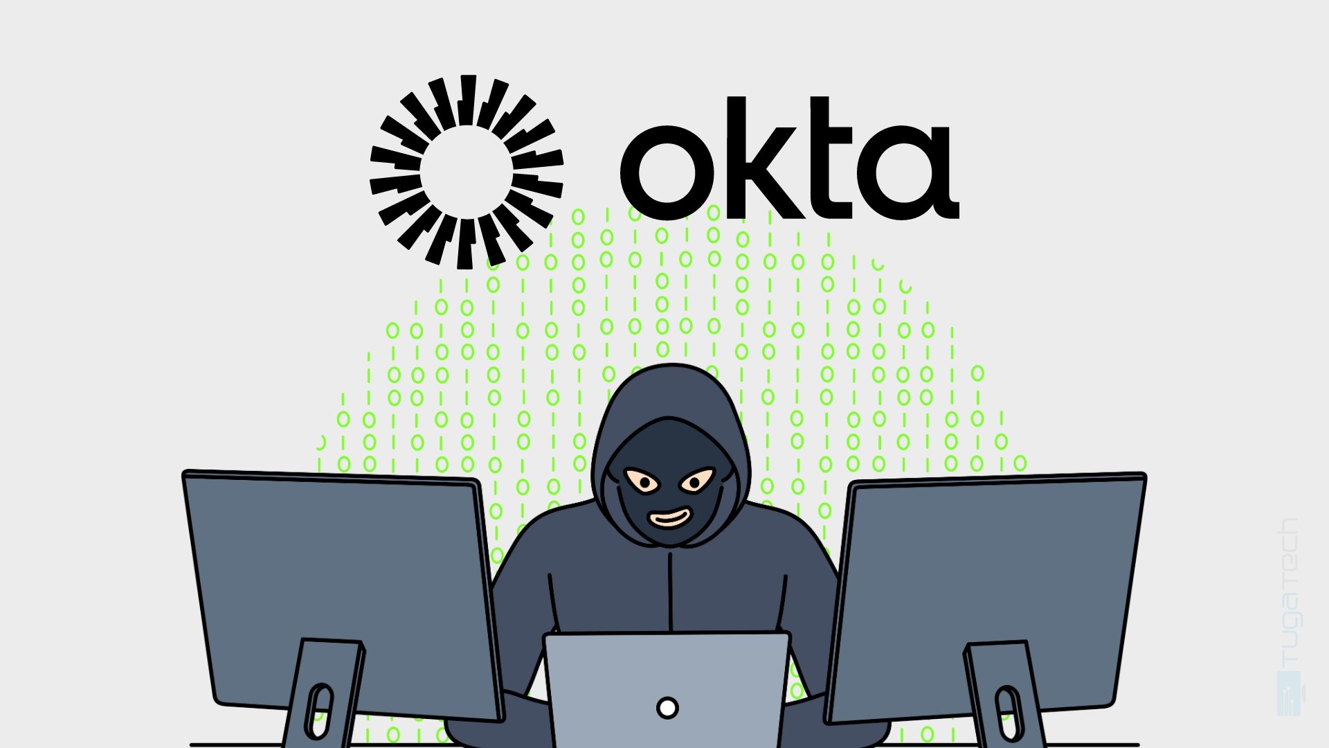 Okta com imagem de hacker em frente de monitores de computador