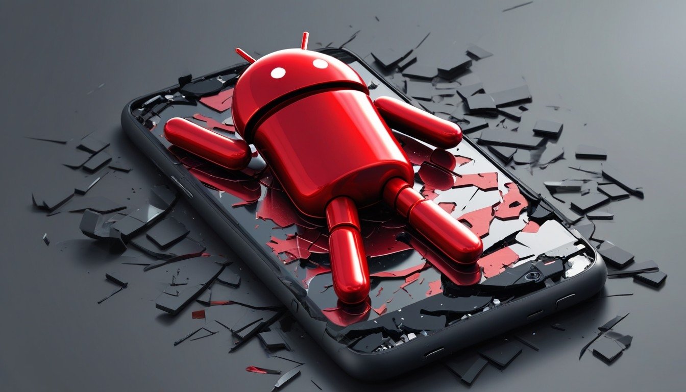android vermelho em cima de ecrã partido