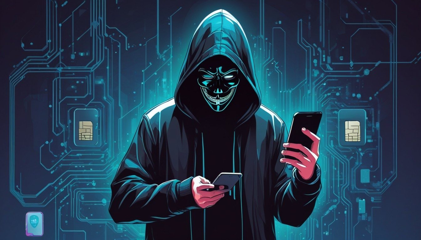 Hacker em frente de smartphone com cartão SIM