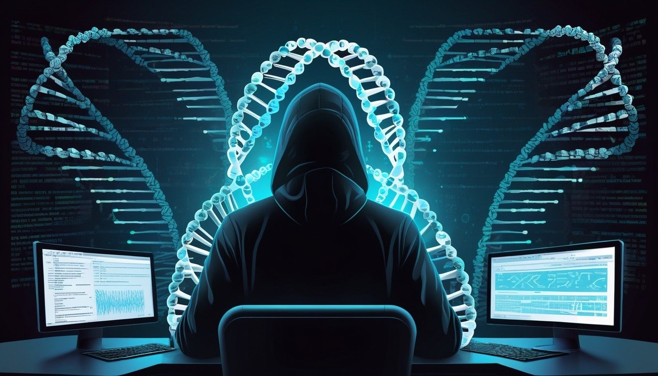 hacker em frente de computador com ADN
