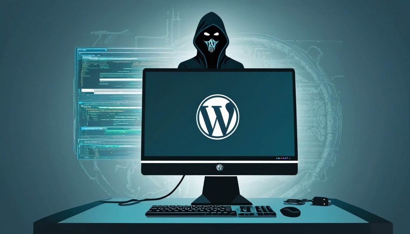 WordPress em monitor com hacker de fundo