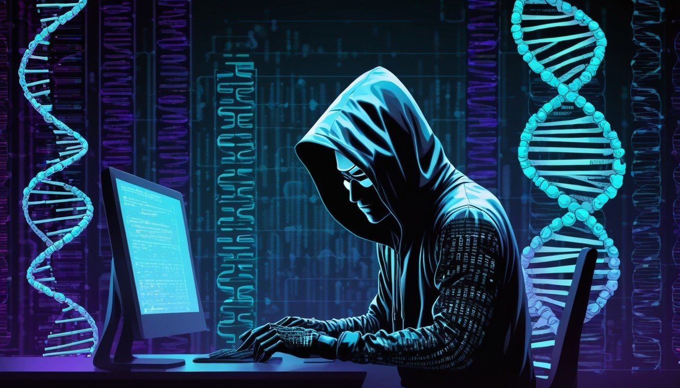 hacker em frente a computador com DNA de fundo