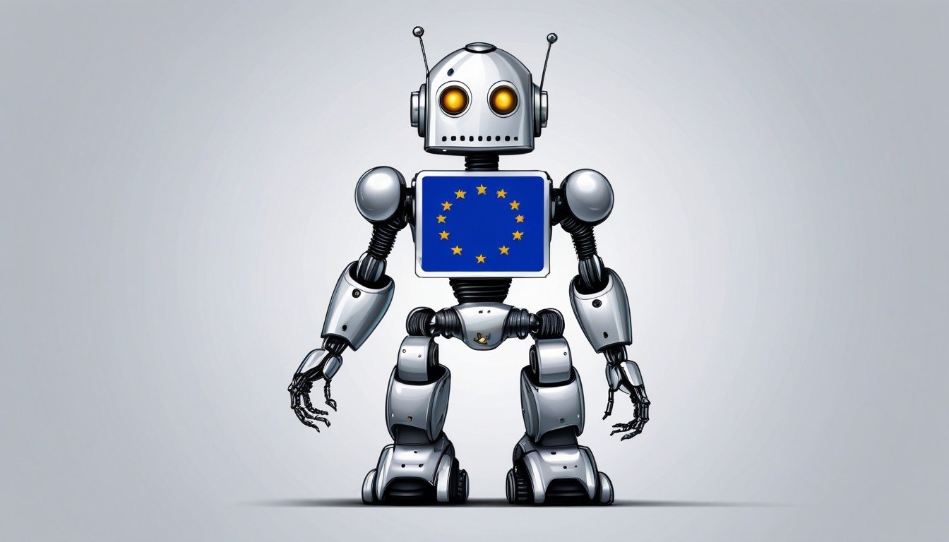 Robot de IA com bandeira da UE