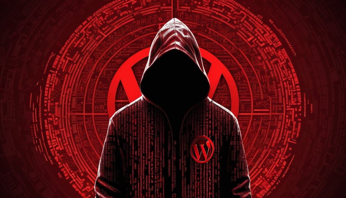 Hacker em frente de logo do WordPress