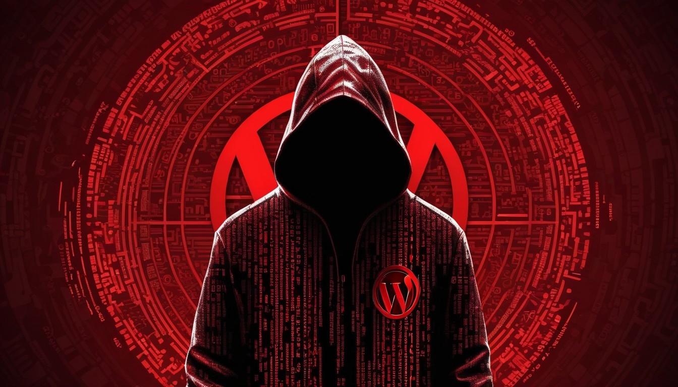 Hacker em frente de logo do WordPress