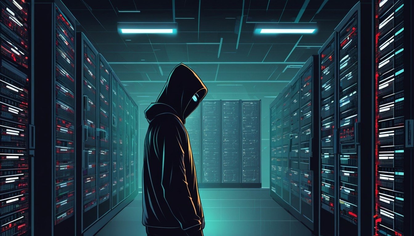 Hacker em frente de computadores