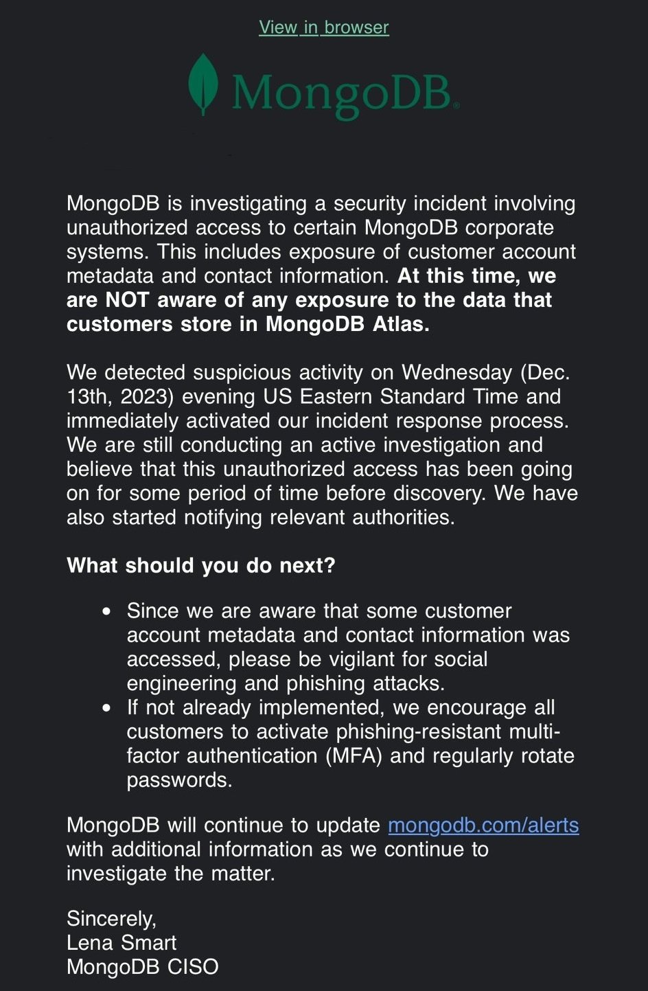 mensagem de email da mongodb