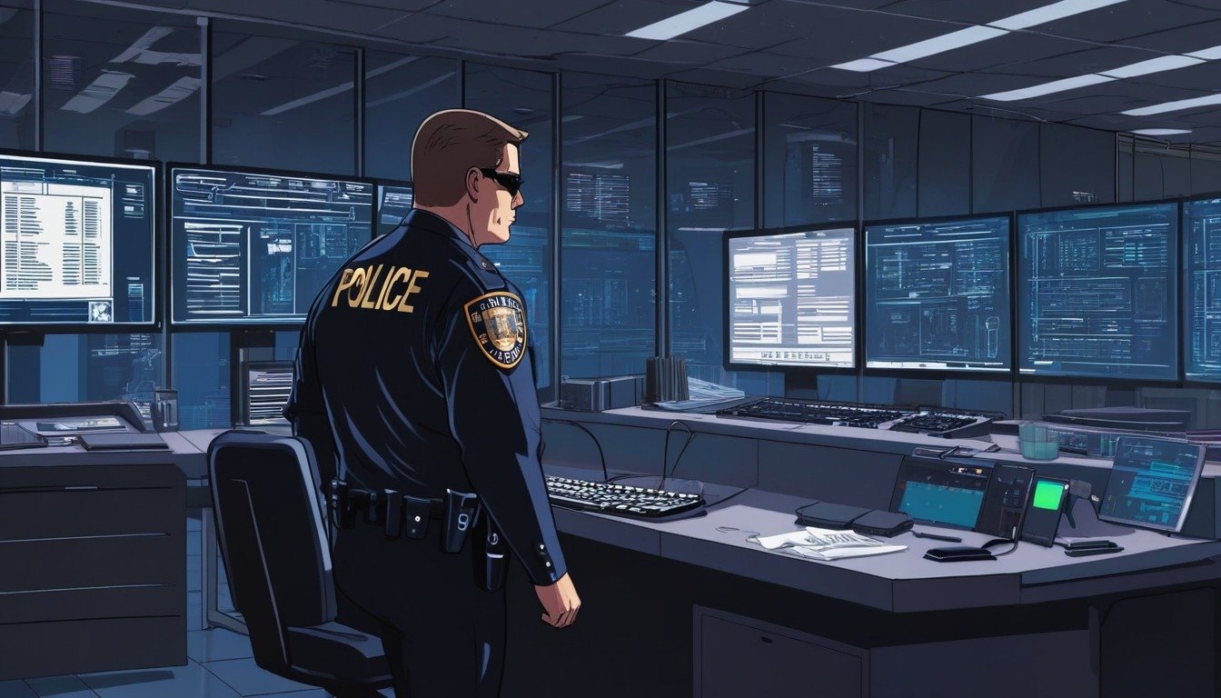 Policia em frente de computadores