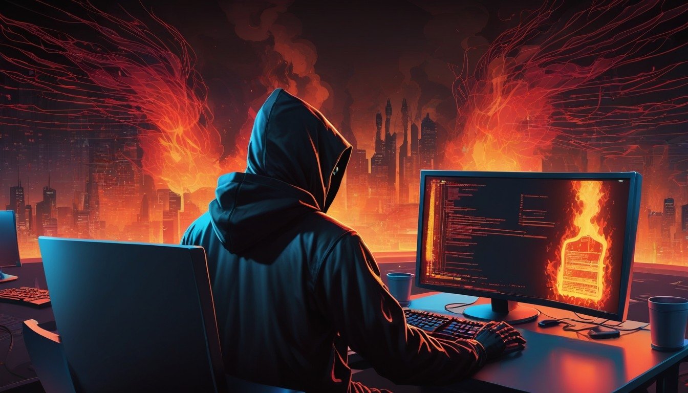 hacker em frente de computador com fundo em fogo