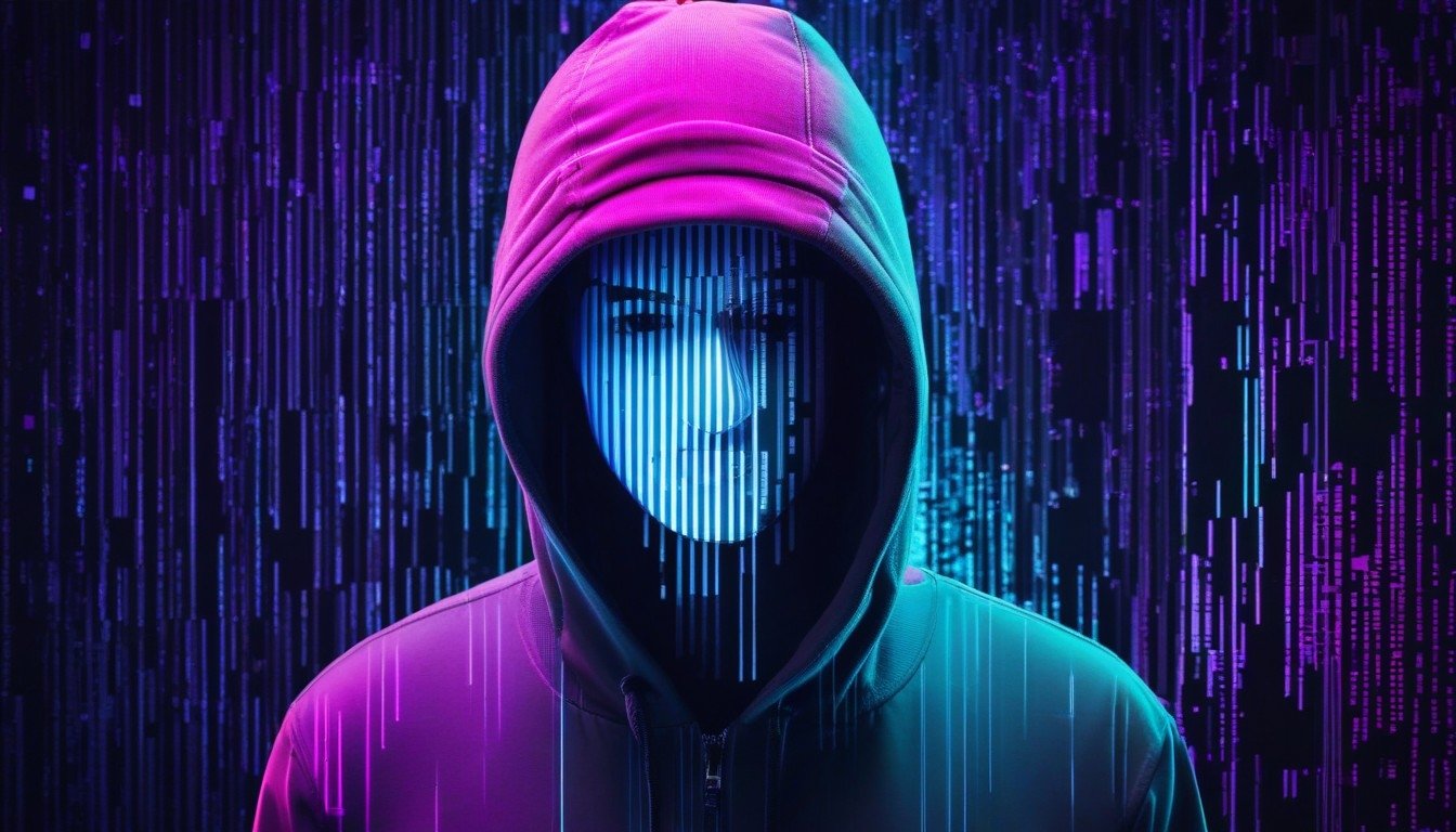 Hacker em frente de fundo digital