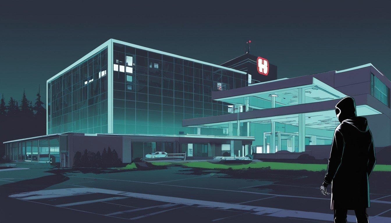 hacker em frente de hospital