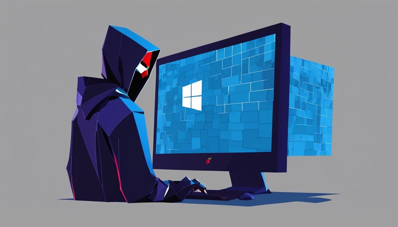 hacker em frente de computador com sistema windows