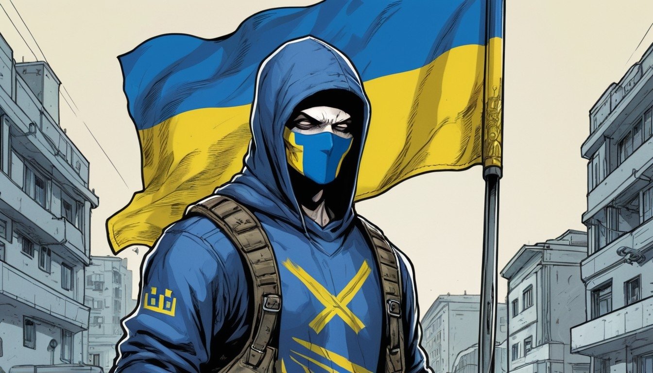 hacker com bandeira da Ucrânia