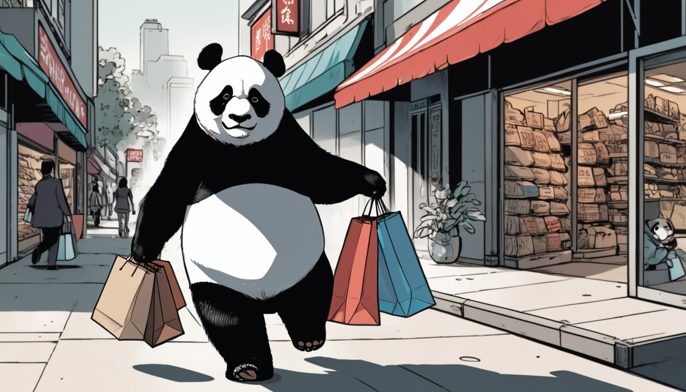 panda a andar em centro comercial