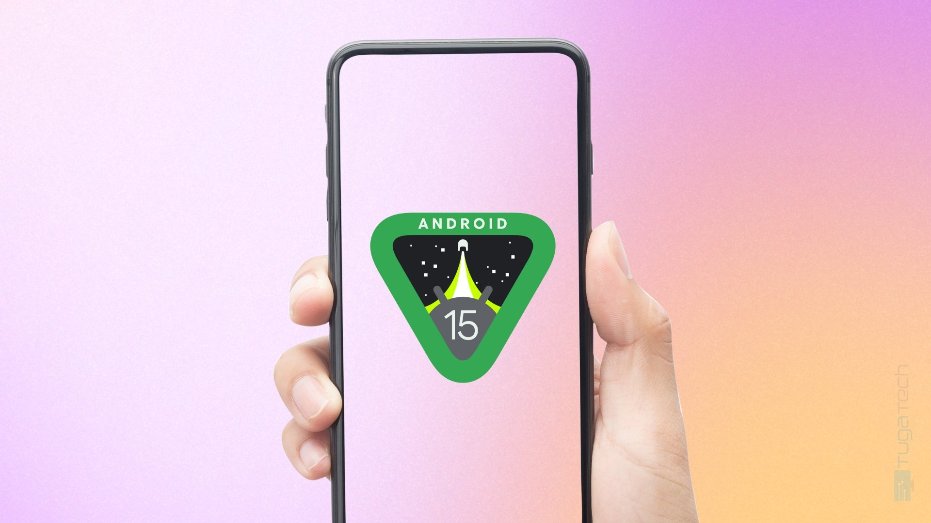 Android 15 logo em smartphone