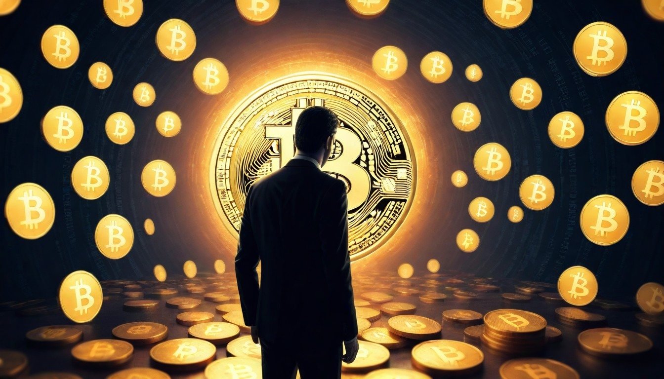 Homem em frente de bitcoin