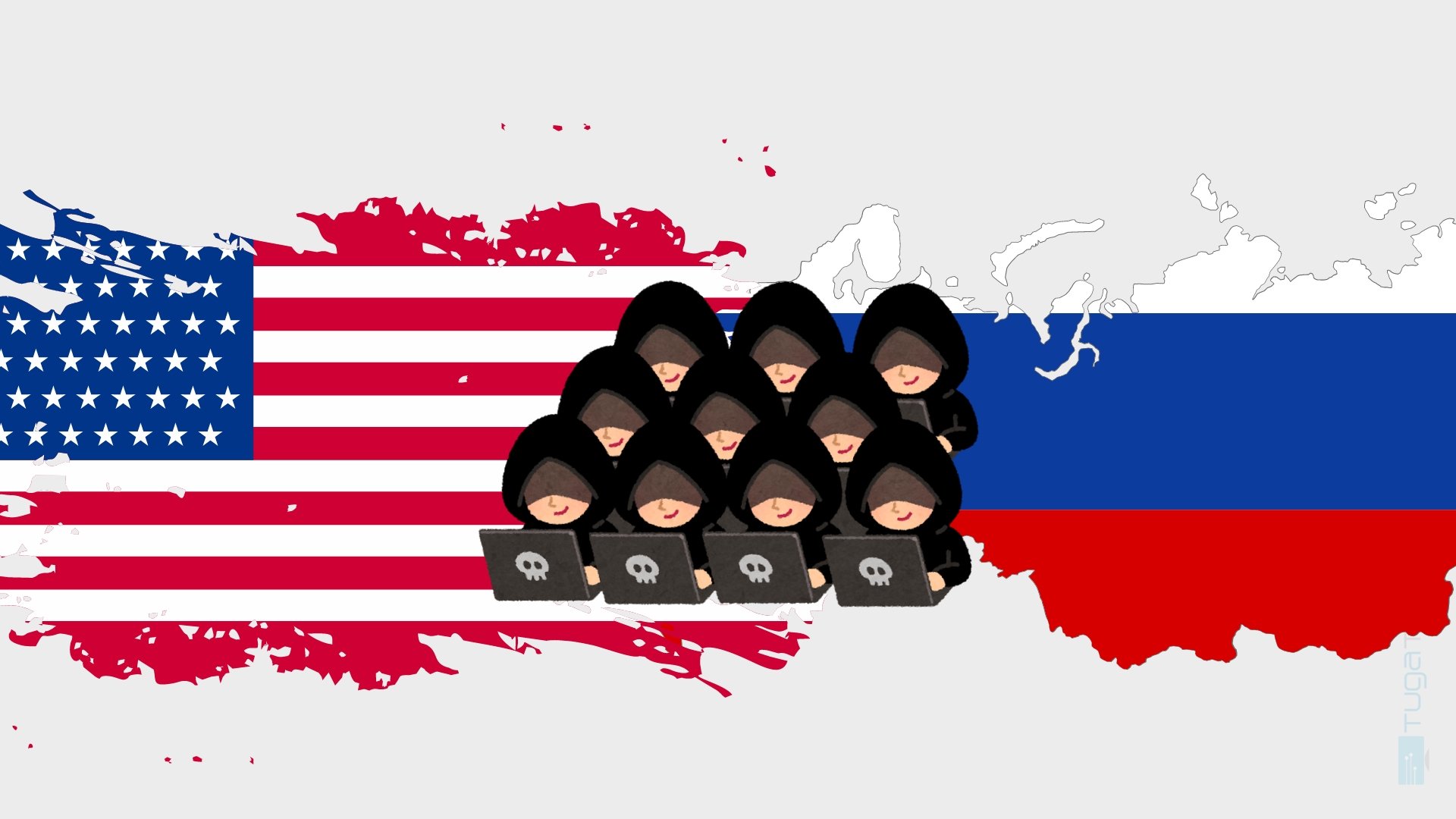 Bandeira da Russia e dos EUA com hackers