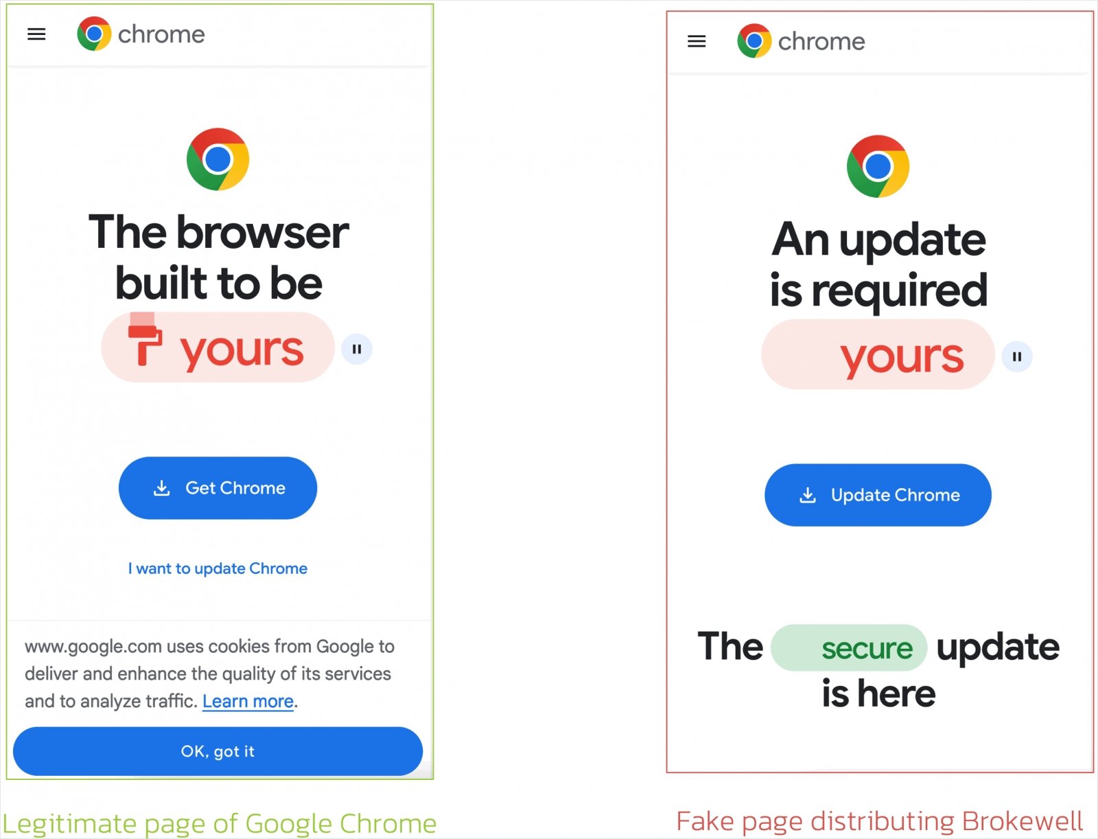 exemplo de falsos sites de atualização do Chrome