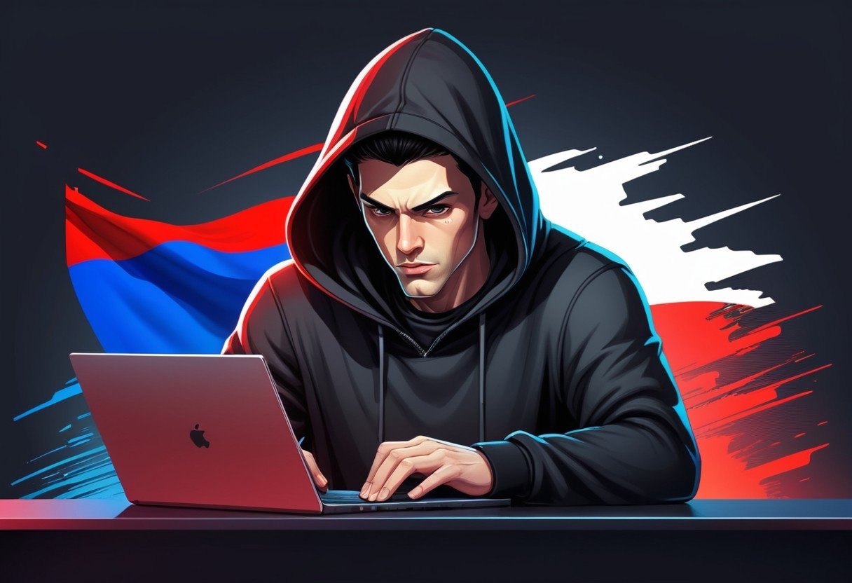 hacker em frente de computador com bandeira da russia