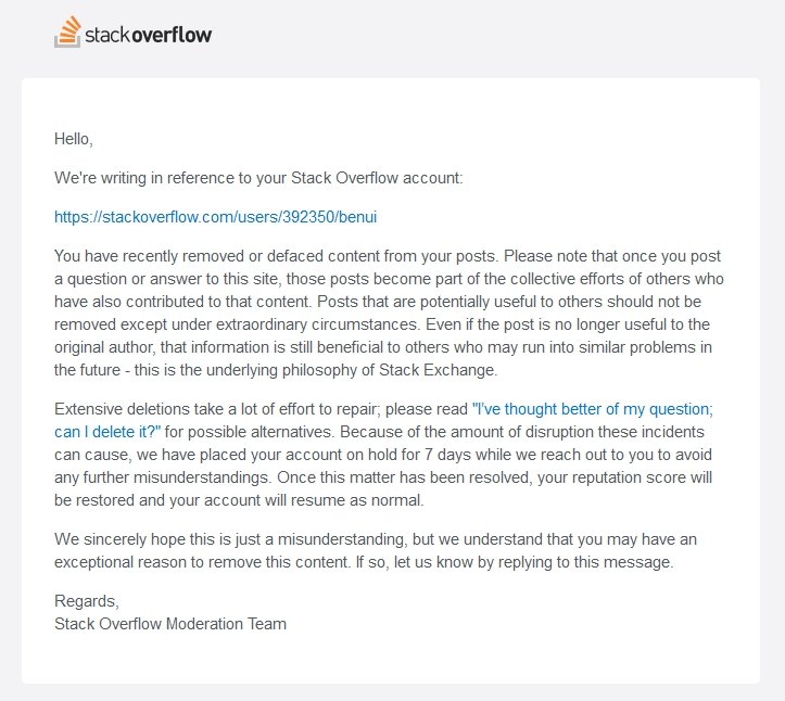 mensagem de email da stack overflow sobre suspensão
