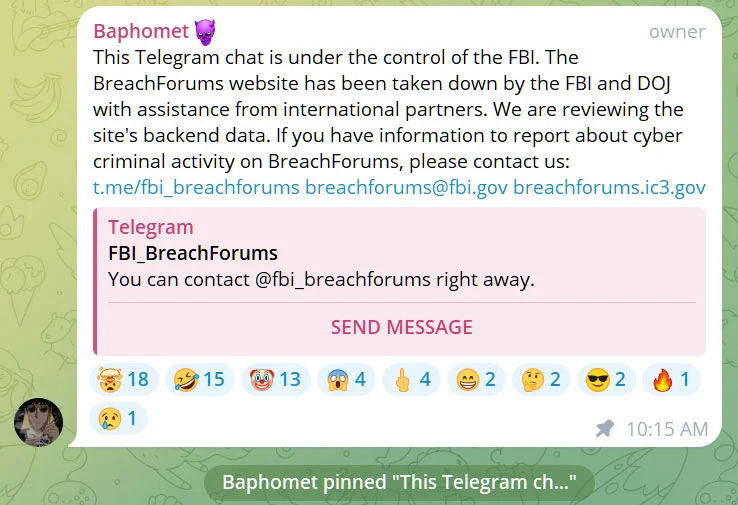 mensagem enviada para o telegram do BreachForums pelas autoridades