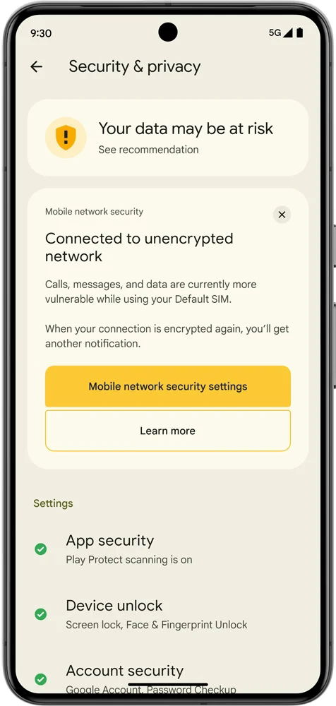 mensagem de alerta no android 15 sobre redes inseguras