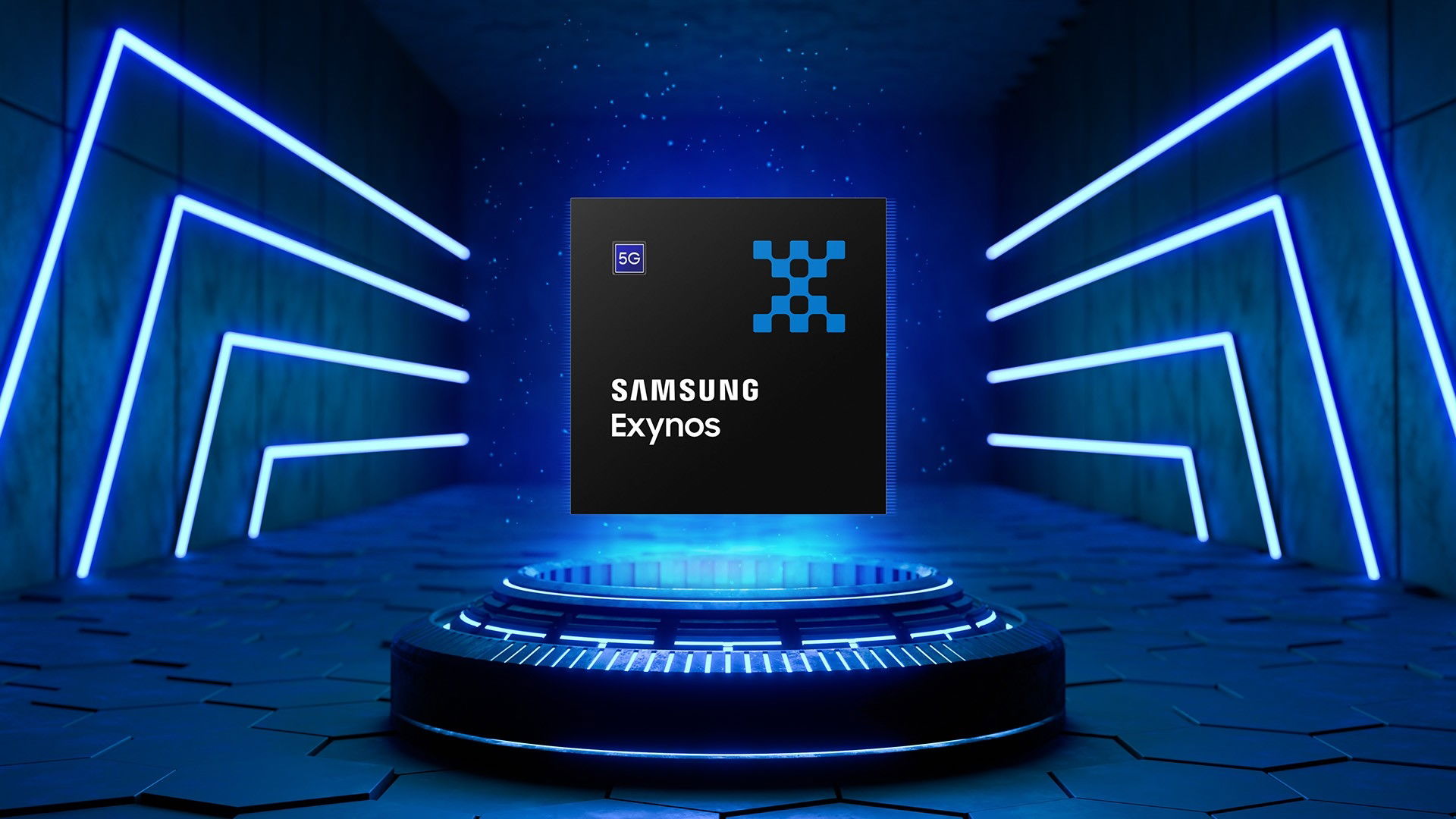 processador exynos da Samsung sobre um pedestral azul de luz