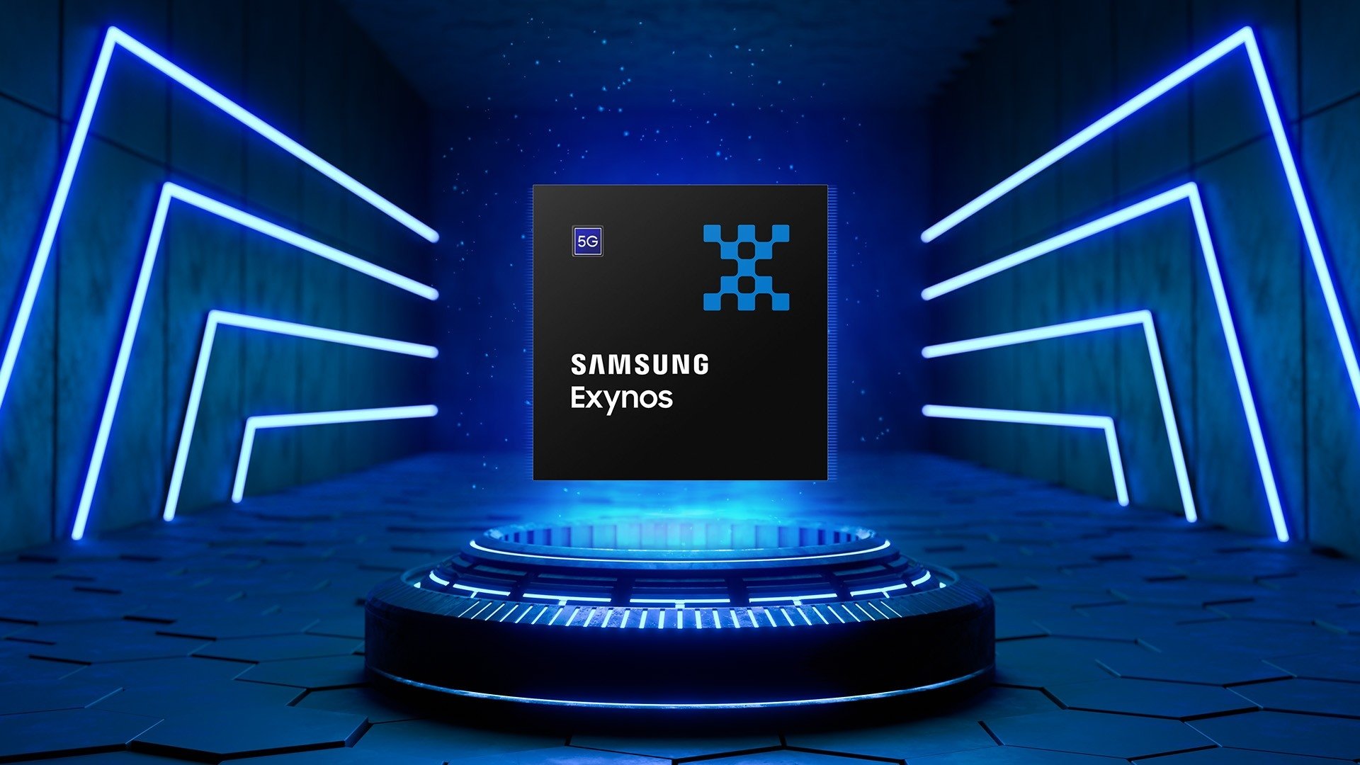 processador exynos da Samsung sobre um pedestral azul de luz