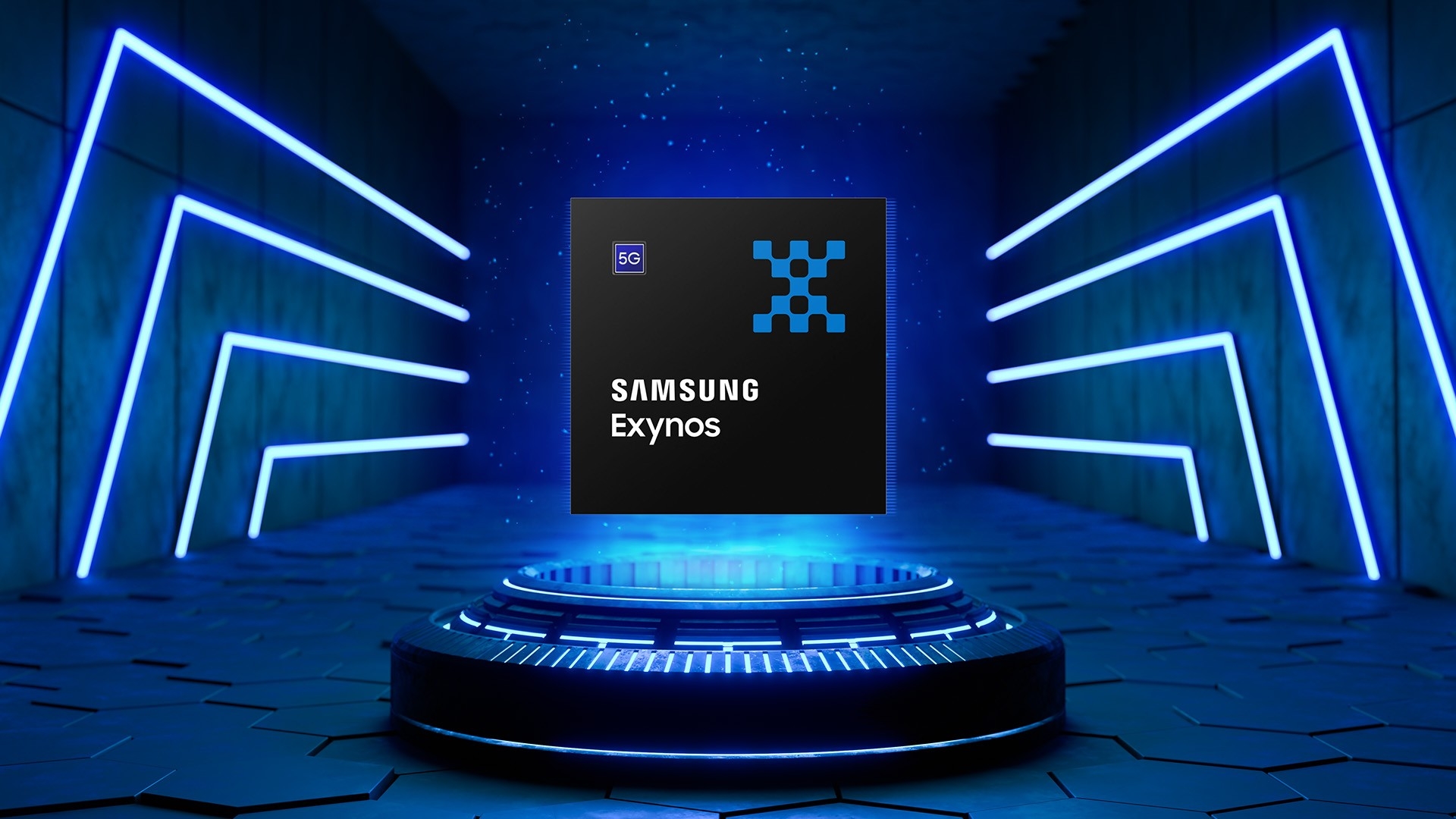 processador exynos da Samsung sobre um pedestral azul de luz