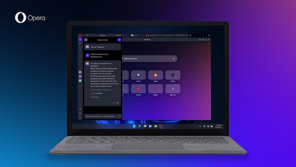 navegador opera num computador portátil