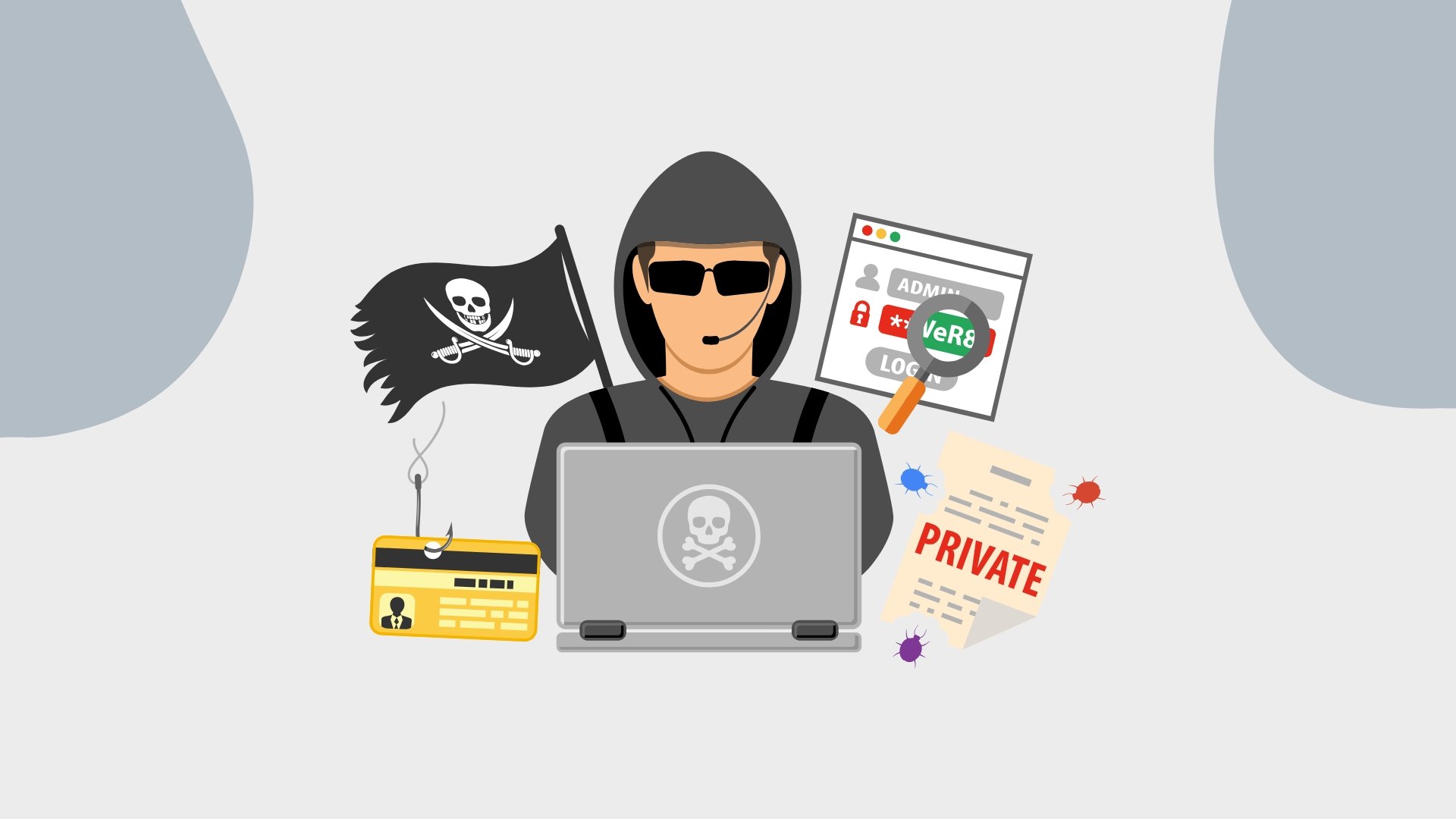 Hacker em frente de computador com icones de ataques