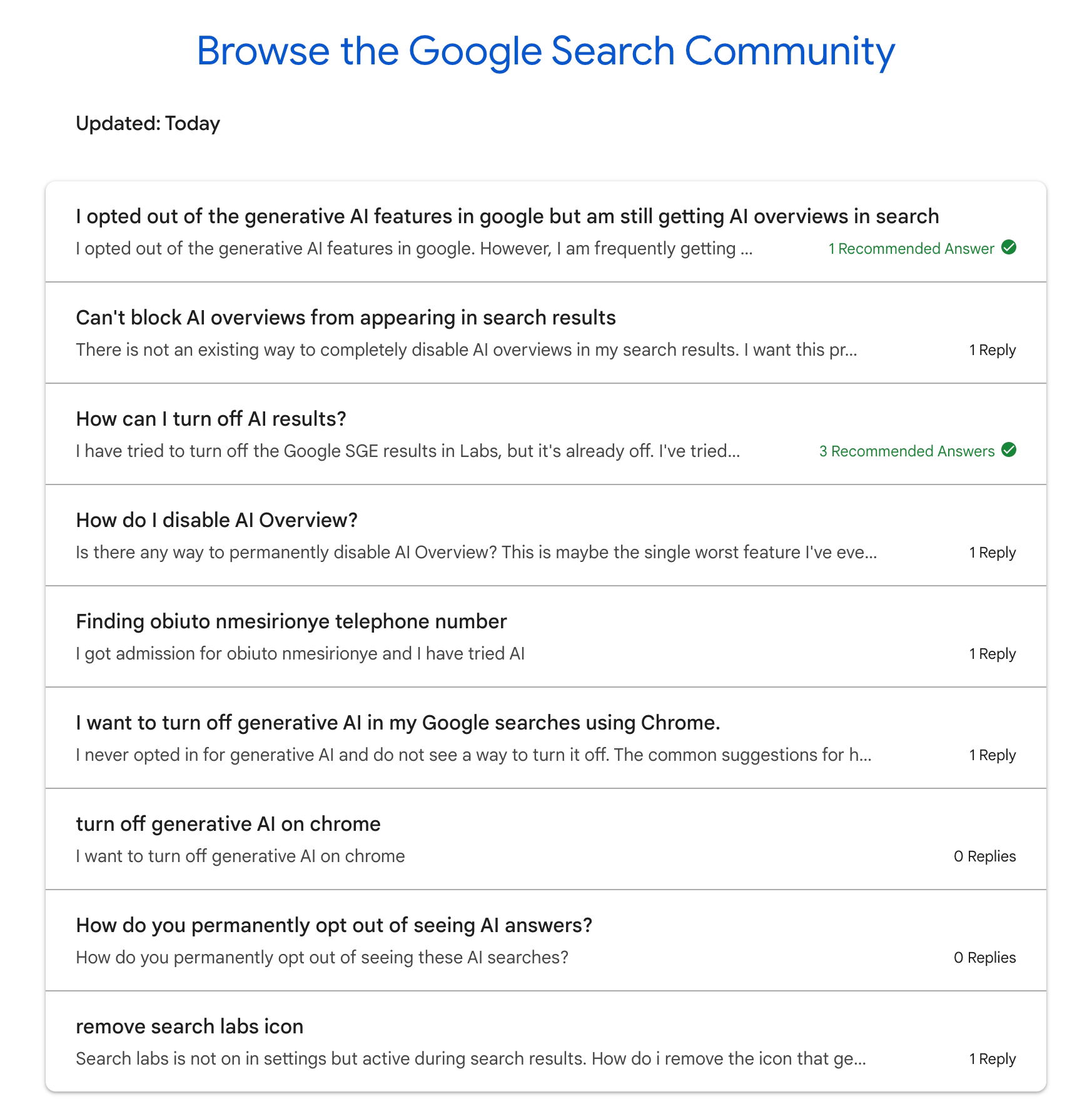 perguntas nos fóruns de suporte da google sobre pesquisa