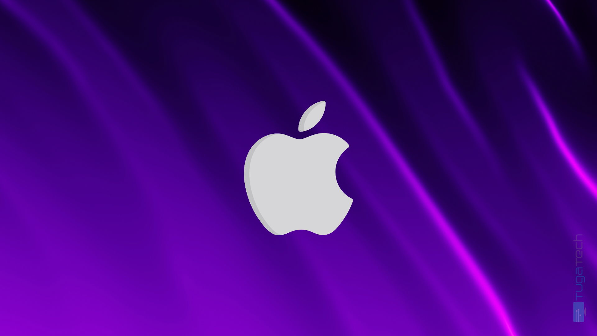 Apple logo da empresa em fundo roxo