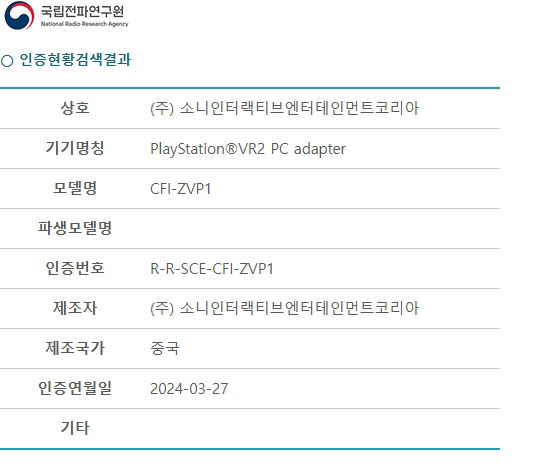 registo feito nas autoridades coreanas sobre adaptador da PSVR2
