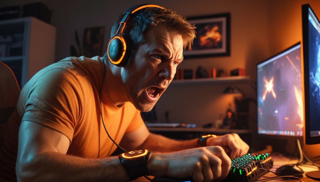 Gamer em frente de computador irritado