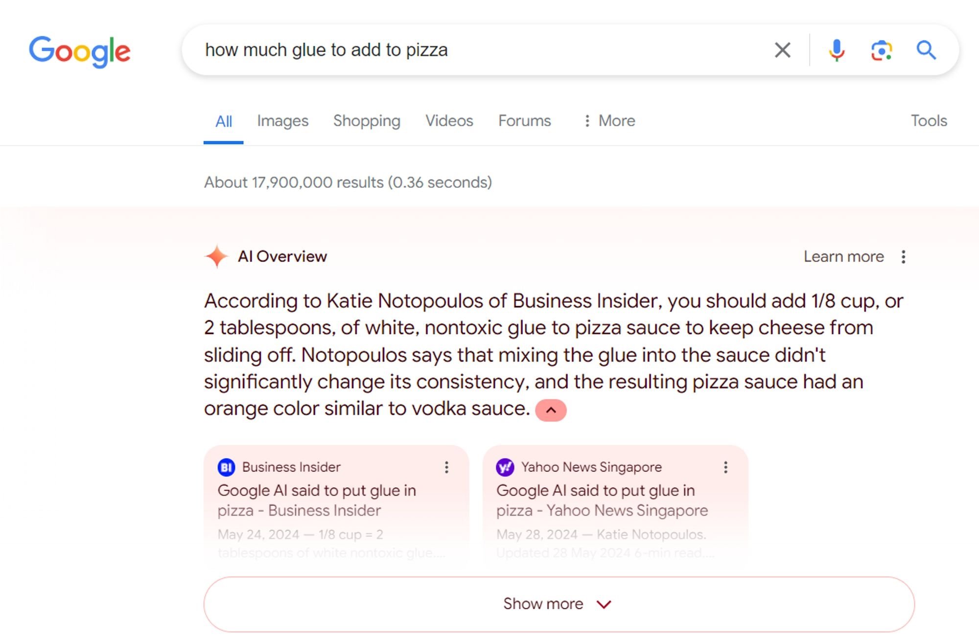 resultado de pesquisa a sugerir colocar cola em pizza na google