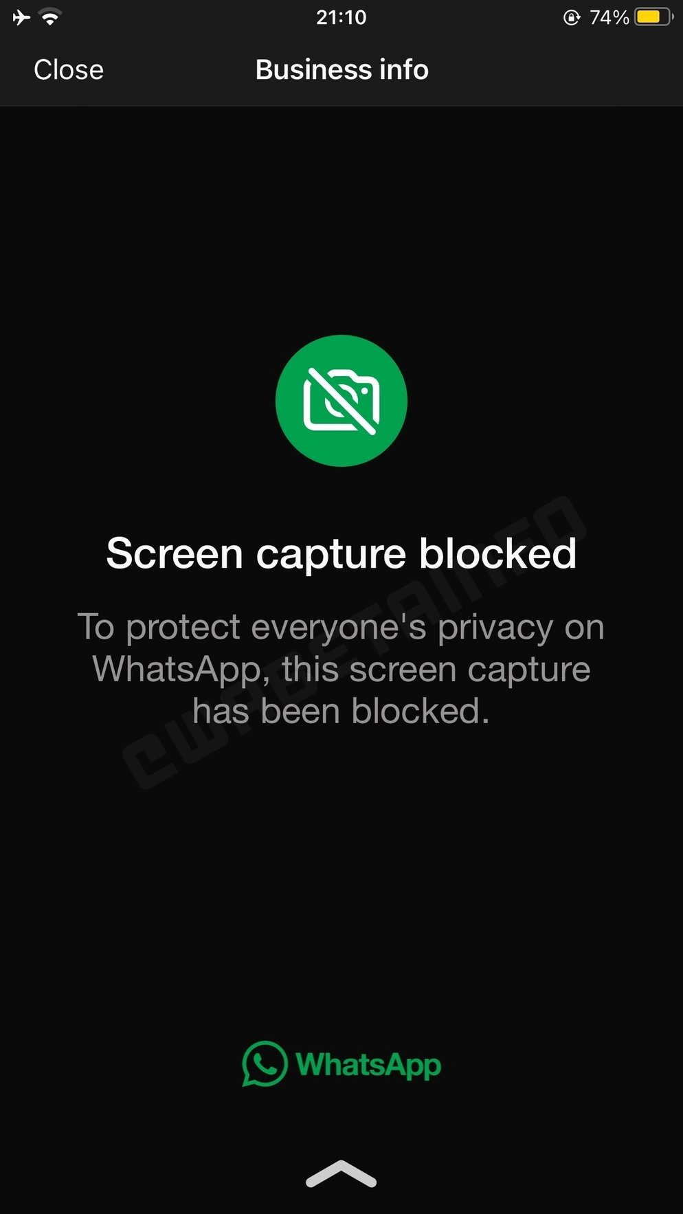 mensagem de captura de ecrã bloqueada no whatsapp