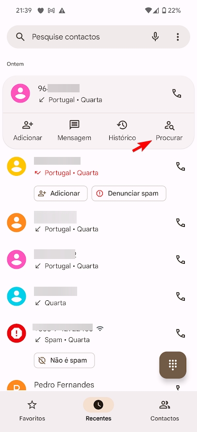 imagem de procurar telefone desconhecido na app da google telefone