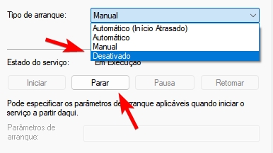 arranque em desativado de serviço
