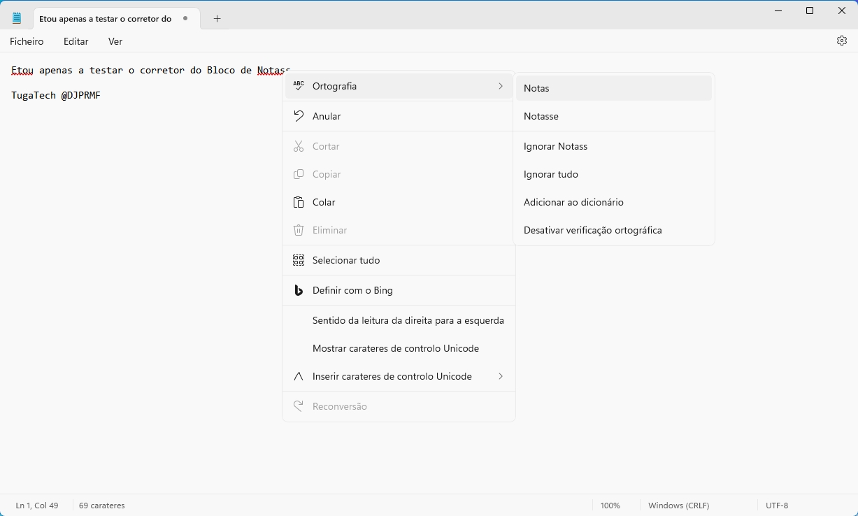 corretor do bloco de notas no windows 11