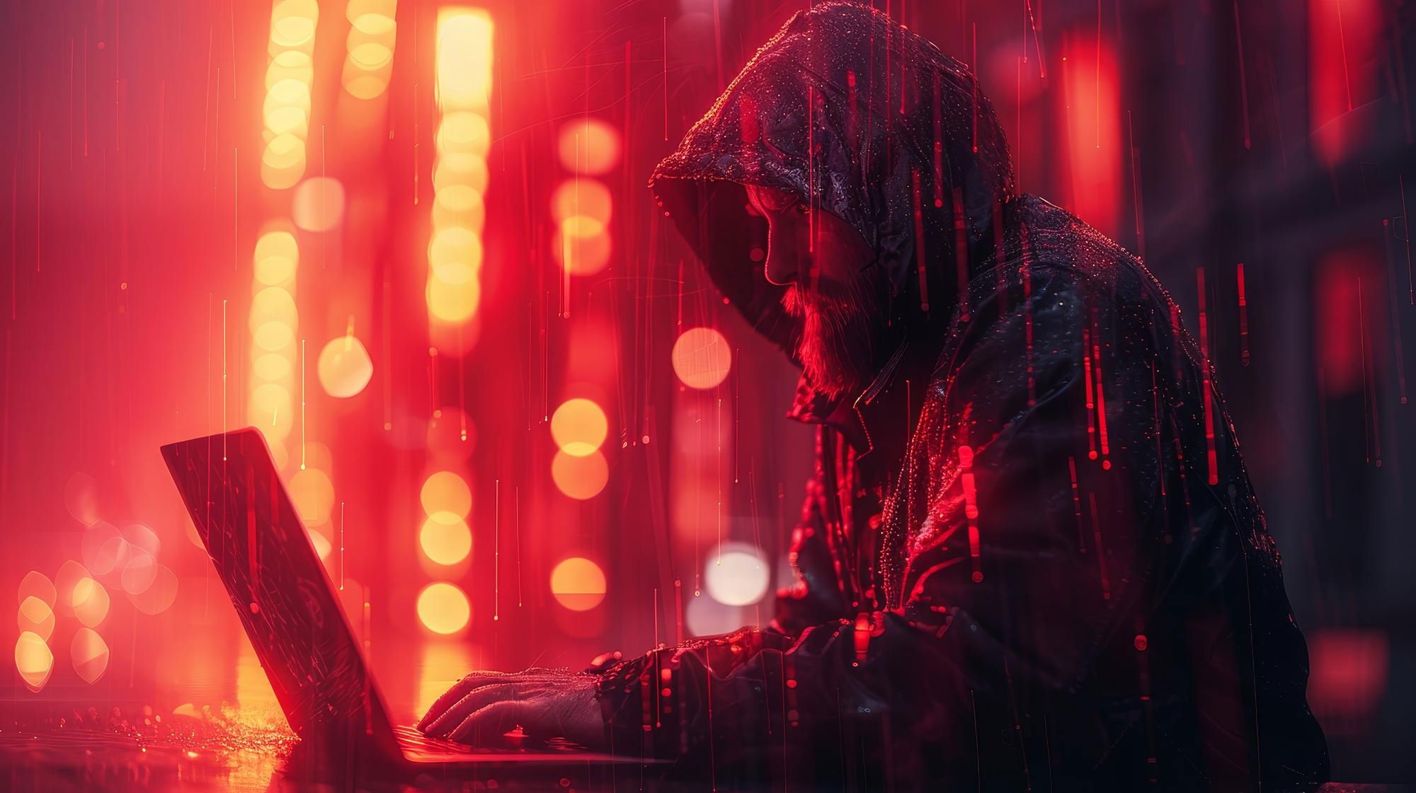Hacker em frente de computador com fundo vermelho