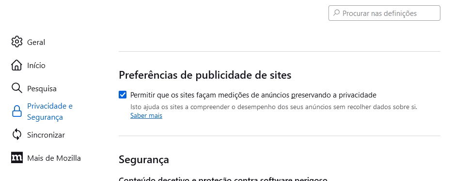 opção nas configurações do firefox