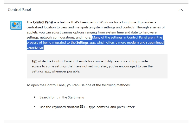 mensagem da microsoft sobre painel de controlo